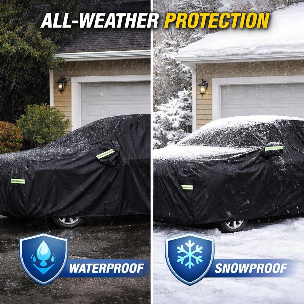 Car Cover Waterproof All Weather for Automobiles, Outdoor Full Exterior Covers for Sedan Black(Suggest Car Length from 194"-208")
