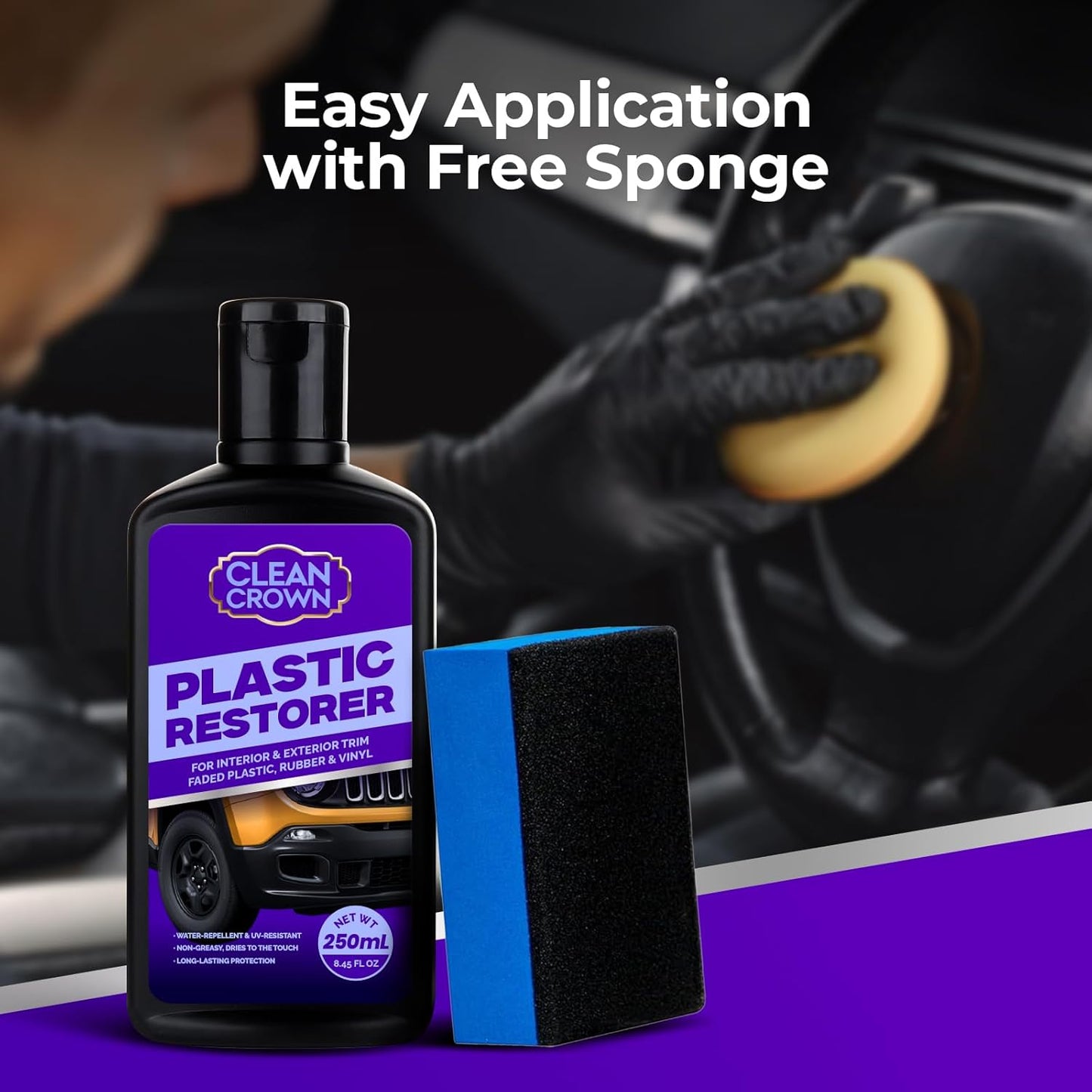Plastic Restorer for Cars (8.45 fl oz), User Friendly Car Trim Restorer, Quick Plastic Trim Restorer with Free Sponge Applicator, Restores Faded Car Plastics, Bumpers & Against UV Rays