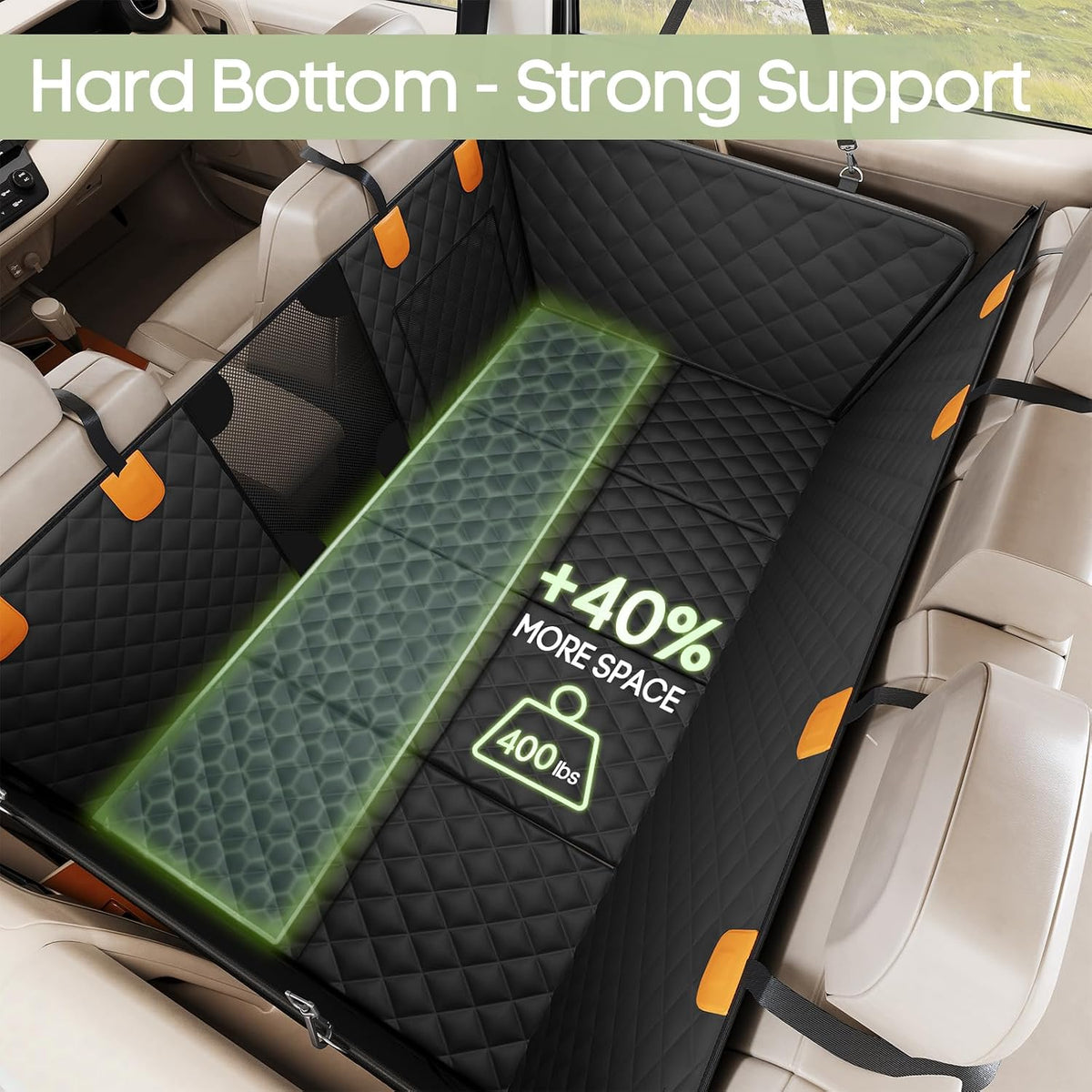 Dog Car Seat Cover for Back Seat, Hard Bottom Back Seat Extender Supports 400lbs, Waterproof Rear Seat Pet Cover, Dog Hammock with Mesh Window for Car SUV