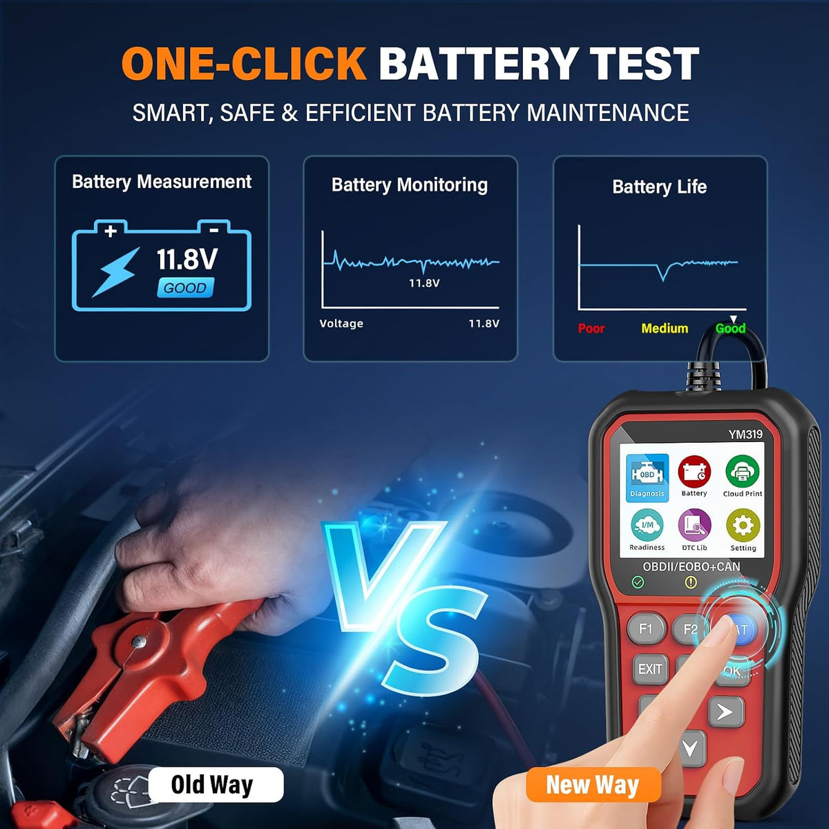 BluSon YM319 OBD2 Scanner Diagnostic Tool with Battery Tester, Check Engine Fault Code Reader with Live Data, Cloud Printing, DTC Lookup, Freeze Frame, Scan Tool for All OBDII Protocol Cars Since 1996