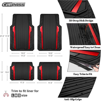 CAR PASS Heavy Duty Rubber Car Mats Metallic, Aluminum Film All Weather Floor Mats Waterproof Universal Trim to Fit Automotive SUV Sedan Van 4 Piece Anodized Deep Dish Two-Tone Sporty Black Red Chrome