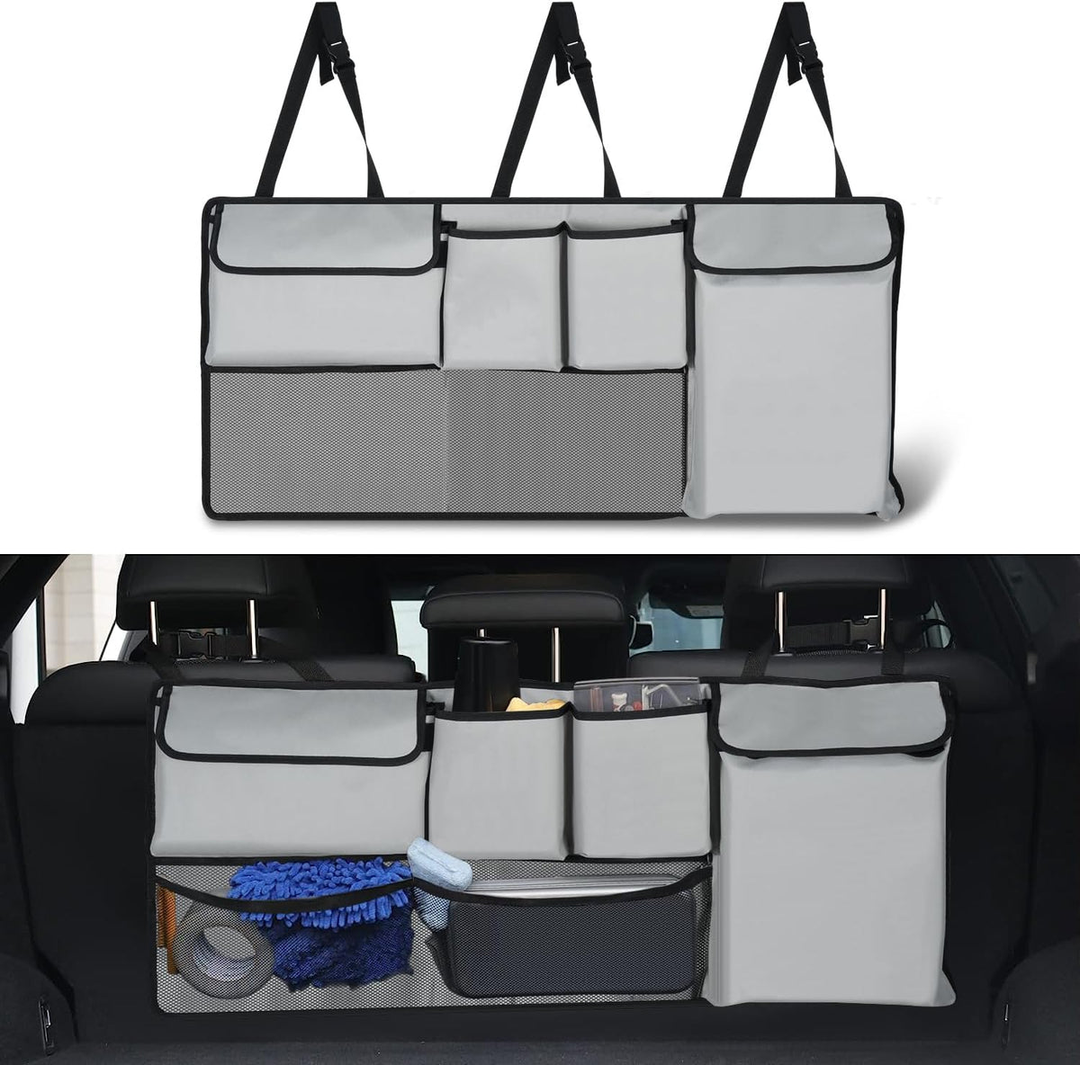 UYYE Trunk Hanging Organizer, Backseat Bag, Car Interior Accessories with 4 Pockets & 2 Mesh Pouches for Groceries, Will Provide More Storage Trunk Space for SUV, Jeep, MPVs