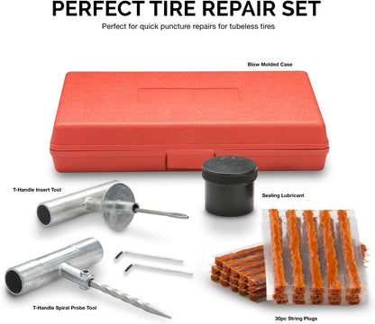 Tooluxe 50002L -35 Piece Tire Repair Universal Heavy Duty Tire Repair Kit with Plugs, Fix A Flat Tire Repair Kit, Ideal for Tires on Cars, Trucks, Motorcycles, ATV Roadside Emergency, Tire Plug Kit