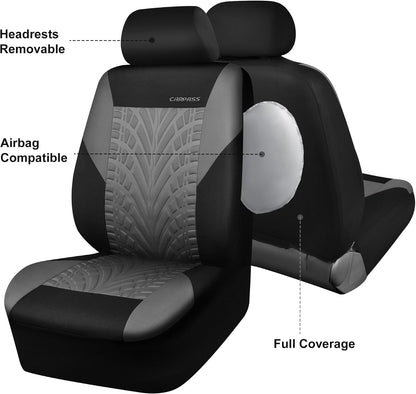 CAR PASS Car Seat Covers Full Sets, Front & Split Rear Bench for Car, 3D Tyre Embossed Automotive Interior Covers, Airbag Compatible, Quick Setup Universal Fit Seat Covers for Car, SUV(Charcoal)