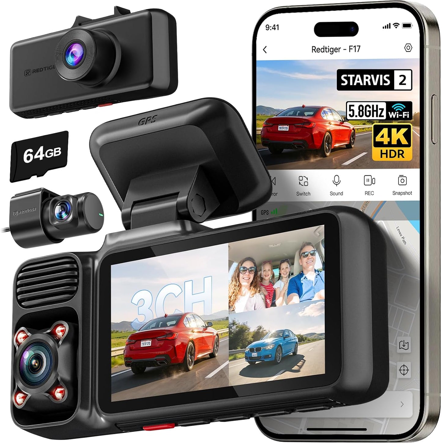 REDTIGER F17 4K 3 Channel Dash Cam, STARVIS 2 IMX675 HDR, 2160P+1080P+1080P Front Inside and Rear Triple Car Camera with 64GB Card, 5.8GHz WiFi GPS, IR Night Vision, G Sensor, WDR, Parking Mode