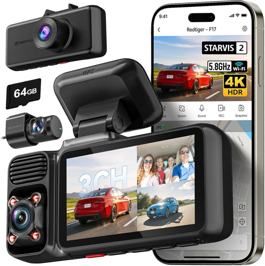REDTIGER F17 4K 3 Channel Dash Cam, STARVIS 2 IMX675 HDR, 2160P+1080P+1080P Front Inside and Rear Triple Car Camera with 64GB Card, 5.8GHz WiFi GPS, IR Night Vision, G Sensor, WDR, Parking Mode