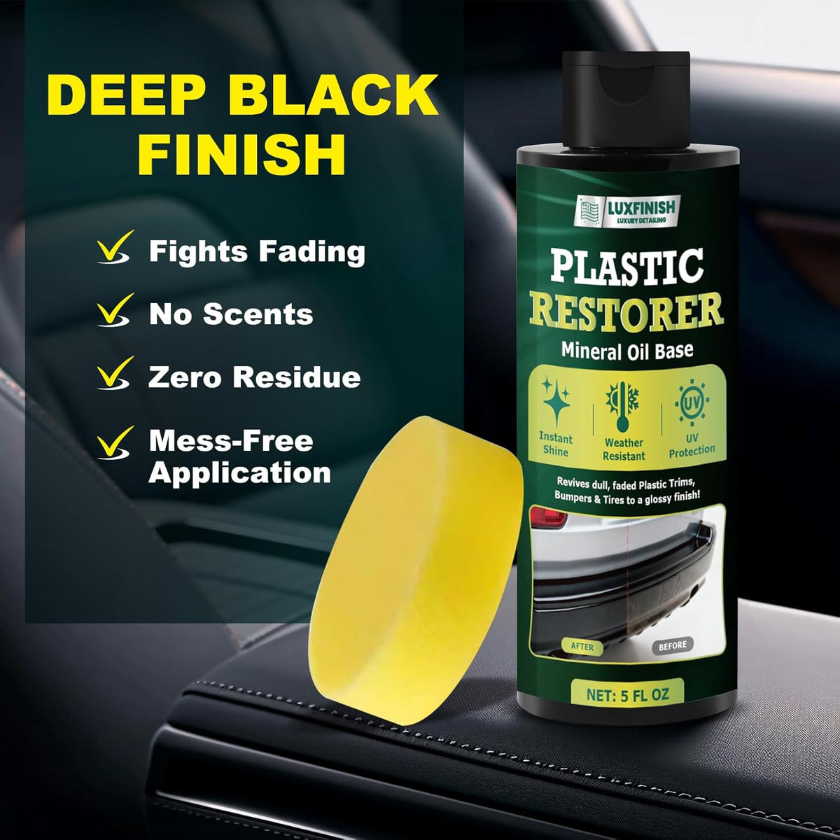 Plastic Restorer for Cars – Back to Black Plastic Restorer with UV Protection & Sponge – Long Lasting Solution Finish Black Trim Restorer for Auto Exterior, Truck, RV, Bumper – Restores Faded Trim