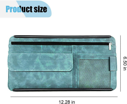 Suede Car Sun Visor Organizer with Multi-Pocket Net Zipper, Glasses Case, Sunglass Holder (Grey)