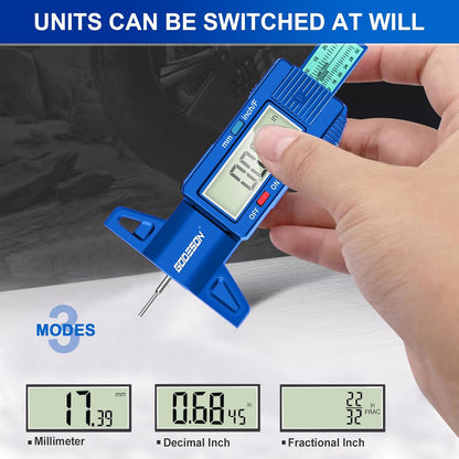 GODESON Tire Tread Depth Gauge, Digital Tire Tread Depth Gauge with 3 Modes-Fractional Inch, Decimal Inch and Millimeter, Tire Depth Gauge for Motorcycles, Cars, SUV, Easy to Read Tread Depth Gauge