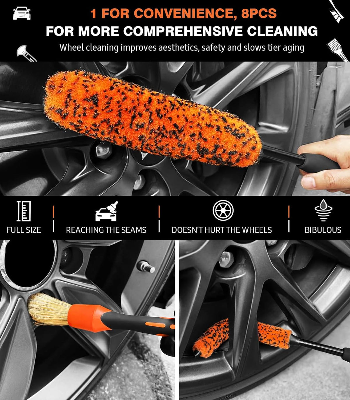 YeewayVeh 3PCS Quick Car Wheel Brush Kit, 2-Size 360° Bendale Rim Cleaner Brushes, Boars Hair Detailing Brush, Fast Scratch-Free Cleaning for Car Wheels, Motorcycle, Orange