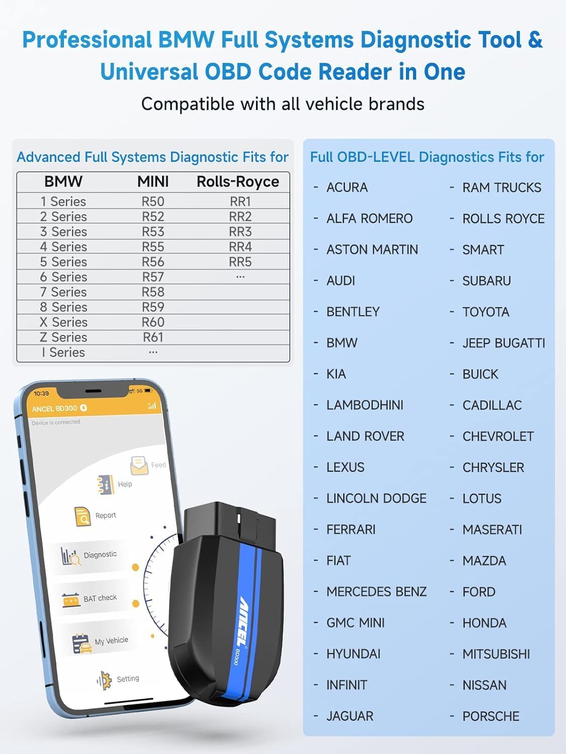 ANCEL BM700 PRO Fit for BMW Scanner - Battery Registration Tool, Code Reader for BMW/Mini/RR, Advanced OBD2 Scanner Auto V-I-N, Full System Diagnostic for BMW Scan Tool with All Reset Services (Blue)