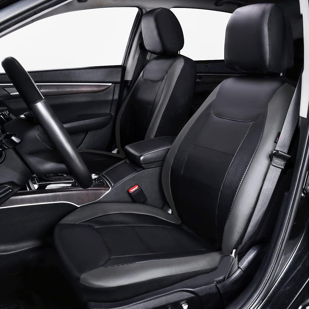Flying Banner Carbon Fiber Leather Vehicle Seat Covers, Leopard Gray Black, Universal Fit - 8PCS