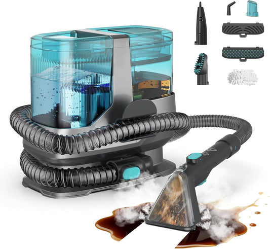 Portable Steam Carpet Cleaner, 203°F High Temp Steam & 18Kpa Suction, Deep Stain Removal & Sanitization, Spot Cleaner for Pets, Kids, Home Upholstery, Sofa, Stairs & Car Detailing
