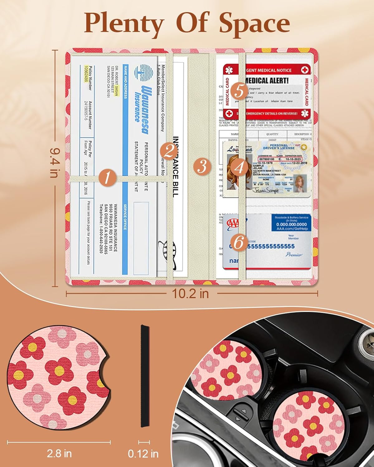 Slohif Car Registration and Insurance Card Holder with Magnetic Shut - Vehicle Glove Box Organizer Women Leather Automobile License Holders Coasters Auto Accessories Case for Document,Strawberry