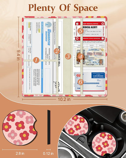 Slohif Car Registration and Insurance Card Holder with Magnetic Shut - Vehicle Glove Box Organizer Women Leather Automobile License Holders Coasters Auto Accessories Case for Document,Strawberry