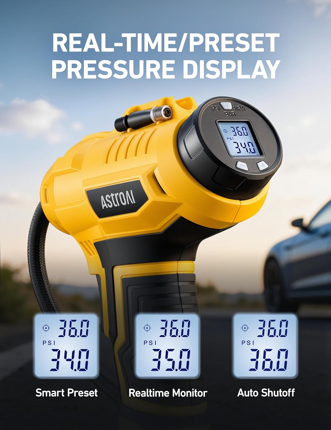 AstroAI Cordless Tire Inflator Portable Air Compressor Fast Inflation 160 PSI Air Pump 20V Rechargeable Battery Powered with 12V DC Adapter Digital Pressure Gauge for Cars Motorcycles Bikes Yellow