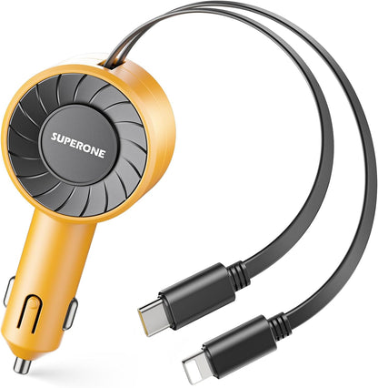 SUPERONE Retractable Car Charger for iPhone with Dual Type C Cables, 4 in 1 USB C Car Charger Adapter with 69W Fast Charging Compatible with iPhone 17 16 15 14 13 12 11 Pro/XS/XR/SE/iPad/Airpods