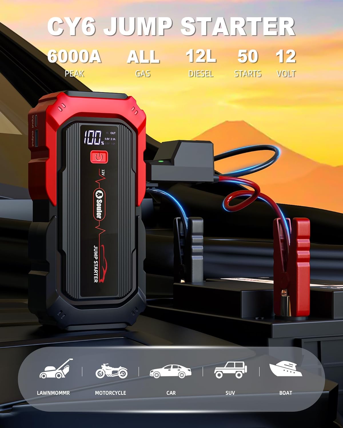 Jump Starter, Battery Jumper Starter Portable, Car Battery Jump Starter with 3 Modes Flashlight, Compass, Power Bank and Jumper Cable