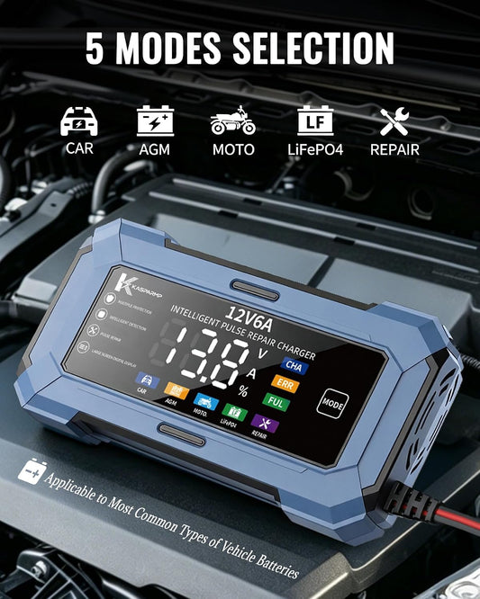 Car Battery Charger and Automatic Trickle Charger Battery Maintainer with Intelligent Pulse Repair Digital Display trickle Charger for car Battery 12v 6A for AGM LiFePO4 Motorcycle Batteries