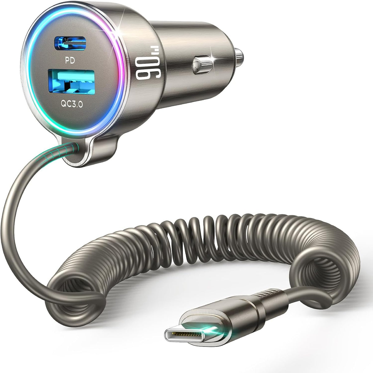 USB C 90W Car Charger for iPhone 17/16 Pro Max, PD & QC3.0 w/5 ft 45W Type Coiled Cable, Fast Car Phone Charger Adapter for iPhone 17Air/15 Pro, Samsung Galaxy S26/S25/S24, Pixel 10/LG/Android, iPad