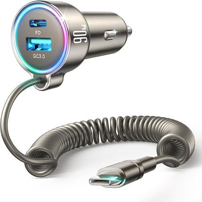 USB C 90W Car Charger for iPhone 17/16 Pro Max, PD & QC3.0 w/5 ft 45W Type Coiled Cable, Fast Car Phone Charger Adapter for iPhone 17Air/15 Pro, Samsung Galaxy S26/S25/S24, Pixel 10/LG/Android, iPad