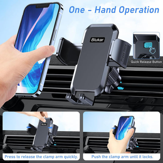 Blukar Car Phone Holder Mount, Super Stable Air Vent Cell Phone Car Mount with 2025 Metal Hook Clip, 360° Rotation,One Button Release for iPhone, Galaxy, Google, and All Other Smartphones
