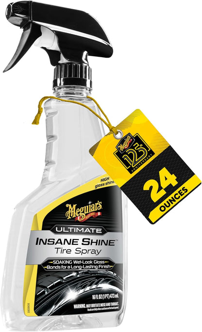Meguiar's Ultimate Insane Shine Tire Spray - Premium Tire Dressing that Delivers a Lasting High Gloss Wet Look and is Easy to Use; Advanced Tire Shine that Bonds for a Long-Lasting Finish, 16 Oz Spray