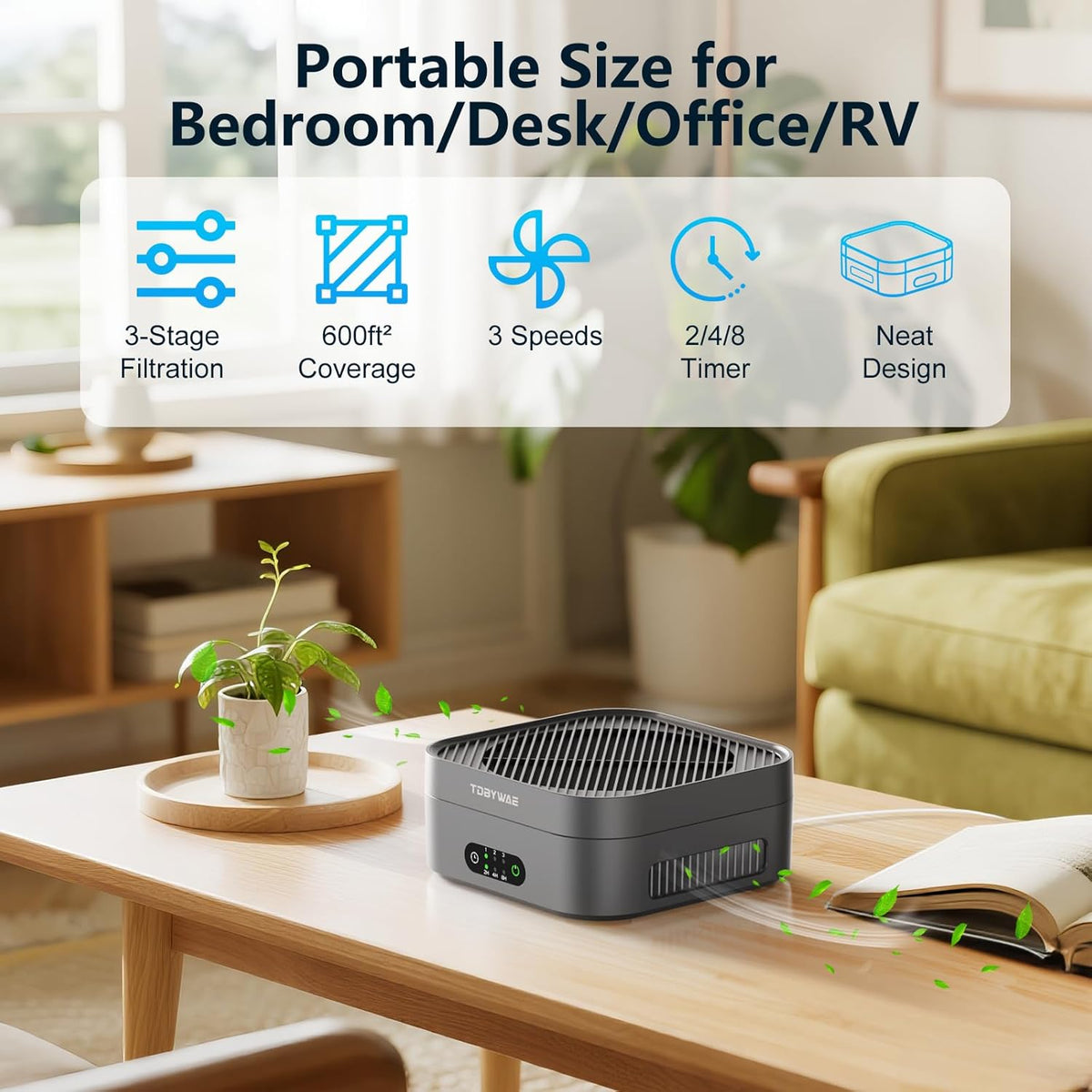 Air Purifiers for Home 600 Sq.Ft, TDBYWAE H13 True HEPA Air Purifier with USB Cable for Pets Dust Dander Pollen Odor Smoke, Small Portable Air Purifier for Bedroom Office Desktop Car RV