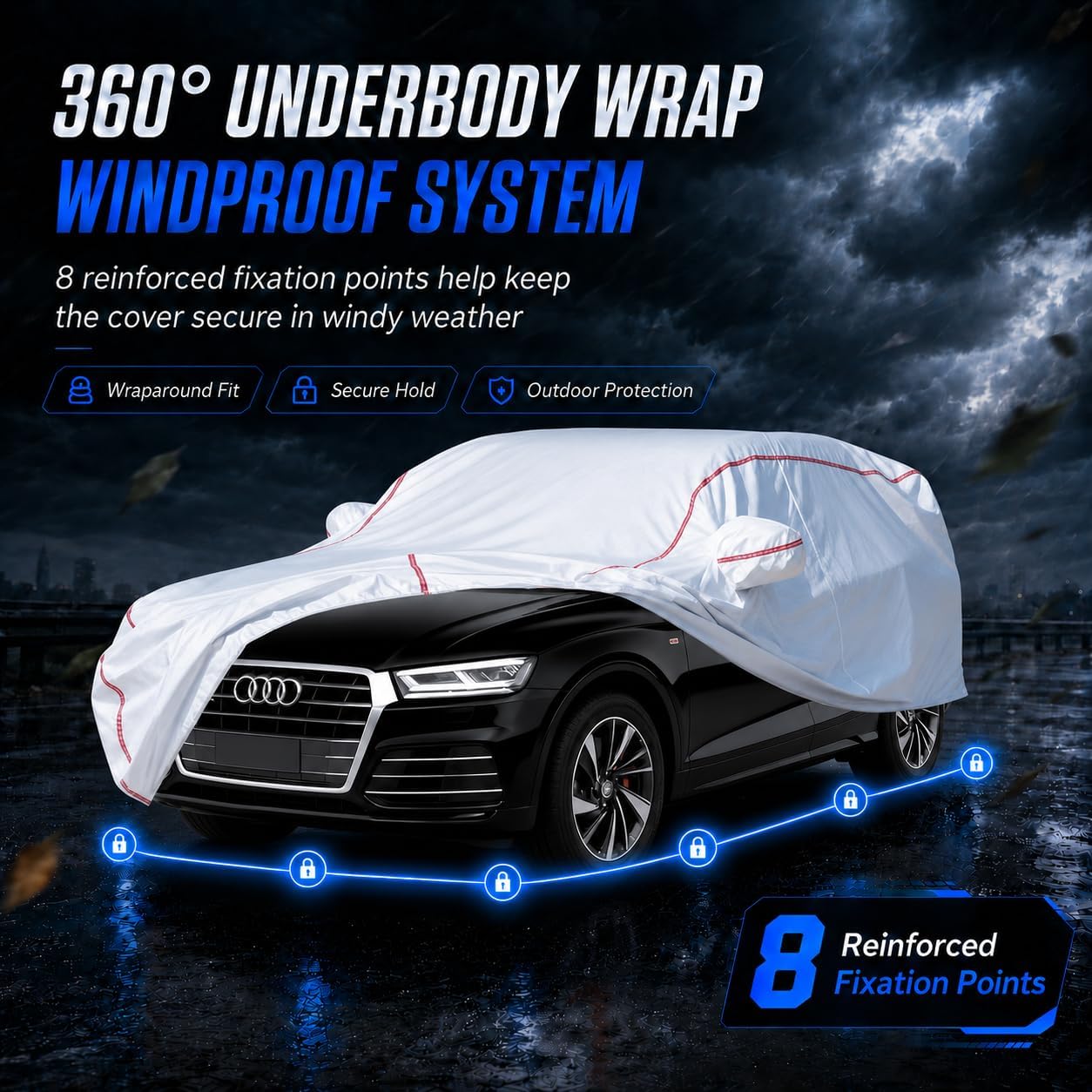 Car Cover for Sedan, Waterproof All Weather Heavy Duty, 360° Underbody Wrap Windproof Design, Quick Install Outdoor Vehicle Cover, Fits 186-193 in