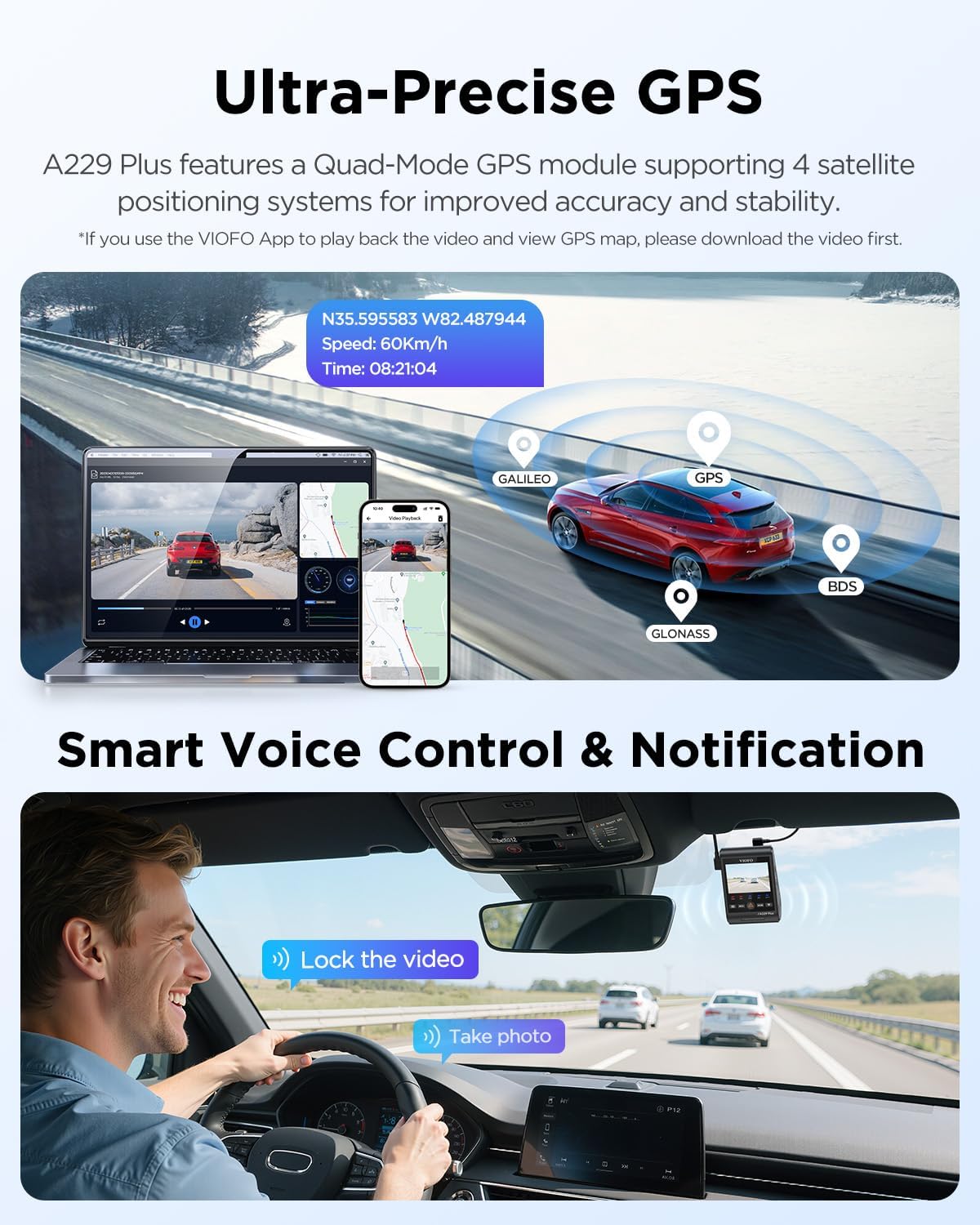 VIOFO A229 Plus Dash Cam Front and Rear, Dual STARVIS 2 Sensors, 2 Channel HDR, 1440P+1440P Voice Control Car Dash Camera, 5GHz Wi-Fi, Voice Control, Ultra-Precise GPS