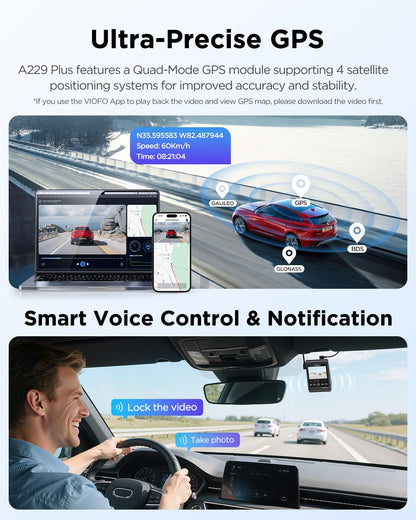 VIOFO A229 Plus Dash Cam Front and Rear, Dual STARVIS 2 Sensors, 2 Channel HDR, 1440P+1440P Voice Control Car Dash Camera, 5GHz Wi-Fi, Voice Control, Ultra-Precise GPS