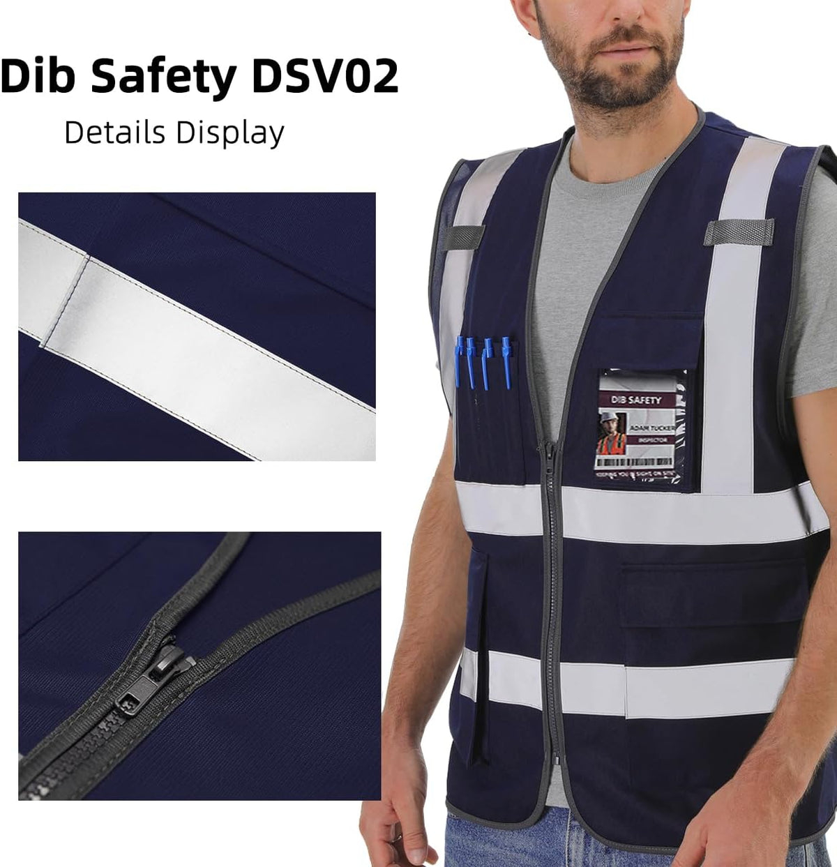Dib Safety Reflective Safety Vest for Men Women, High Visibility Vest with Pockets and Zipper, ANSI Class 2