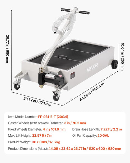 VEVOR Low Profile Electric Oil Drain Pan, 20 Gal Capacity, Rolling Oil Drain Pan with 110V High-Flow Pump, 7.2 ft Hose & T Folding Handle, Leak-proof & Corrosion-resistant, Fit for Trucks, ATVs, White