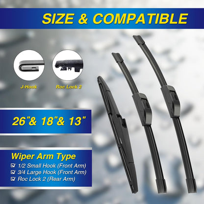 5 PLUS® Silicone Windshield Wipers Replacement for 2019-2024 Toyota RAV4/ 2006-2015 Mazda 5 Wiper Blades(Set of 3), Windshield Wiper Blades For My Car-26"/16"/12" - Colors A