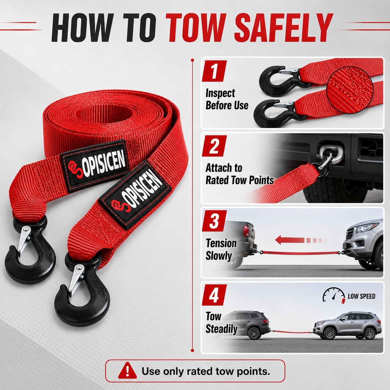 Tow Strap with Hooks 2 Inch x 20 Foot - 15,216 lbs Breaking Strength Emergency Heavy Duty Capacity Tow Rope Forged Steel Hooks for Car Truck Jeep ATV SUV, Roadside Recovery (Black, 2" x 20')