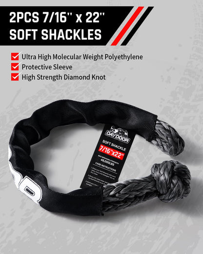 DAYDOOR Recovery Tow Rope Kit with 2 Soft Shackles, 7/16 Inch x 30 ft 31,200 Lbs UHMWPE Tow Strap, Synthetic Towing Rope Recovery Kit for ATV, UTV, SUV, Cars (Gray)