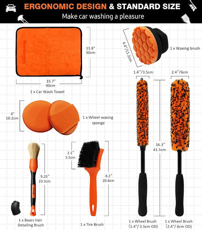 YeewayVeh 3PCS Quick Car Wheel Brush Kit, 2-Size 360° Bendale Rim Cleaner Brushes, Boars Hair Detailing Brush, Fast Scratch-Free Cleaning for Car Wheels, Motorcycle, Orange