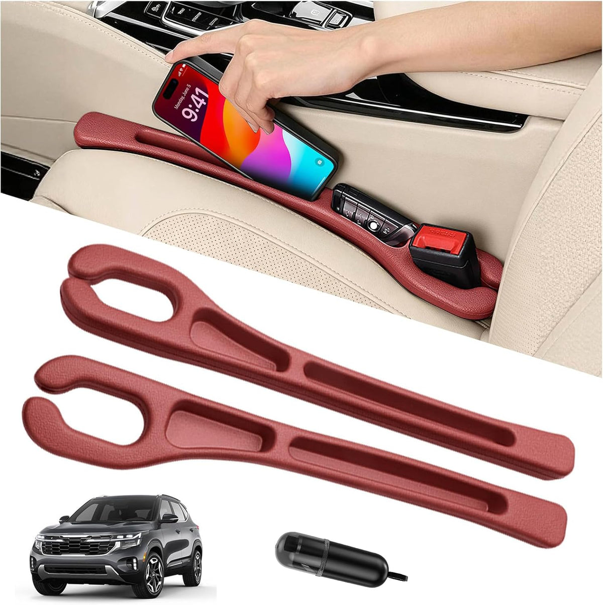 Car Seat Gap Filler Organizer 2Pack,Car Accessories with Safety Hammer,2 in 1 No Drop Seat Guard with Storage Slot for Phone,Keys,Universal Interior Gap Filler for Cars SUV Truck,Red