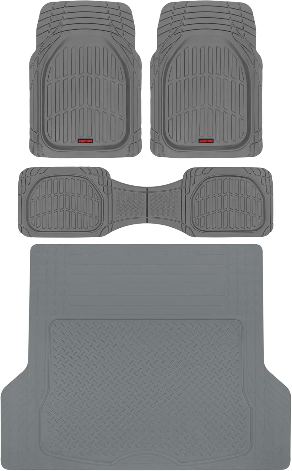 Motor Trend FlexTough 4-Piece Heavy Duty Floor Mats for Cars Trucks SUVs, Automotive Floor Mats Car Mats Full Set Front, Rear & Cargo, Trim-To-Fit Semi-Custom Deep Dish All Weather Rubber Mats - Black