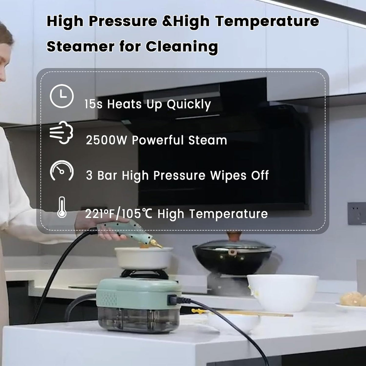 2500W Handheld Steam Cleaner,Portable Car Steamer For Auto Detailing,High-Temperature and Pressure Steam Cleaner For Home, Steam Cleaning Machine for Furniture,Kitchen,Grout,Floor,Tile (Gray)