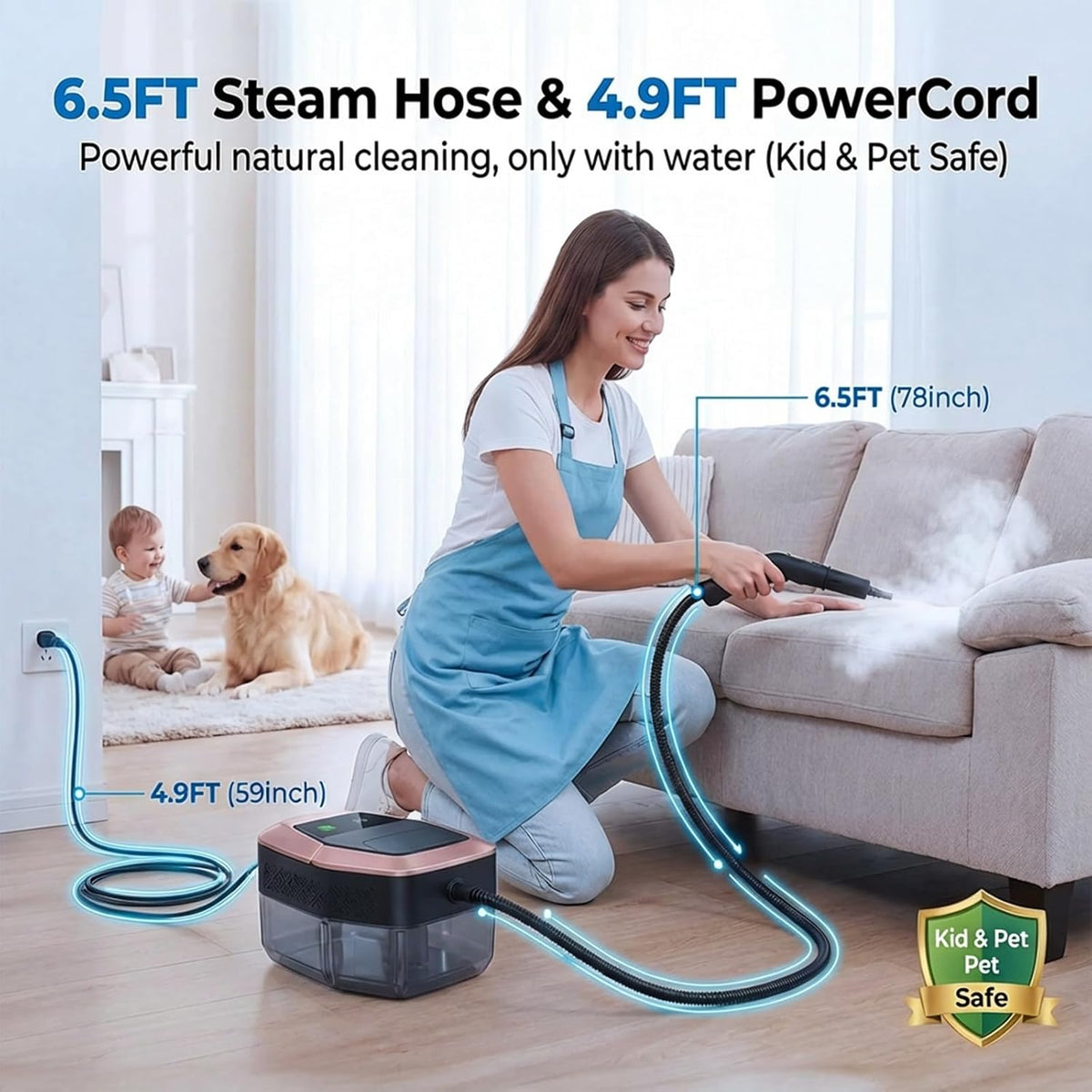 Steam Cleaner, 15s Heat-Up, 1.9QT Tank, 3Level Adjustable Handle, with 16PCS Accessories, Portable Steamer for Cleaning, Steam Cleaner for Home, Car Detailing, Dirt, Grease, Grout, Tile （blackgold）