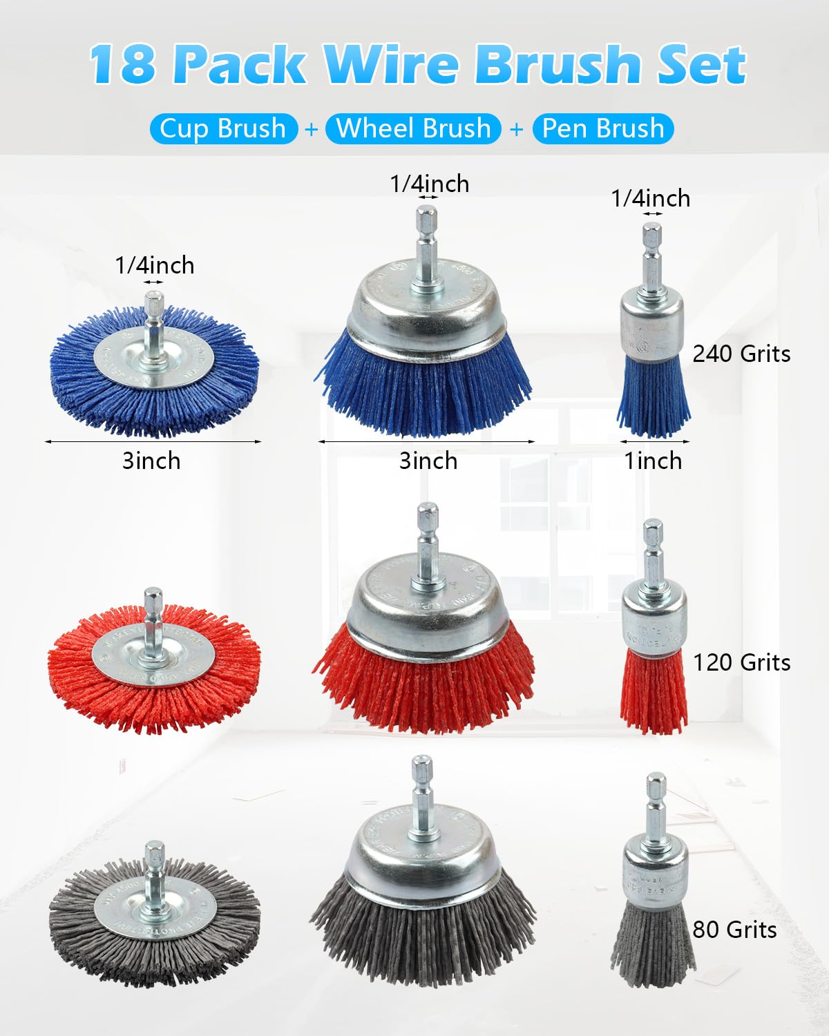Rocaris 9 Pack Nylon Filament Abrasive Wire Brush Wheel & Cup Brush Set with 1/4 Inch Hex Shank, for Removal of Rust/Corrosion/Paint - 80 Grit, 120 Grit, 240 Grit