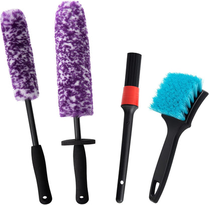 4 Pack Wheel Tire Cleaning Brush Kit Cars Motorcycles RVs Trucks Rim Hub Ultra Soft Microfiber No Spatter 360 Bendable Synthetic Woolies Wash Vehicles Bristle Set