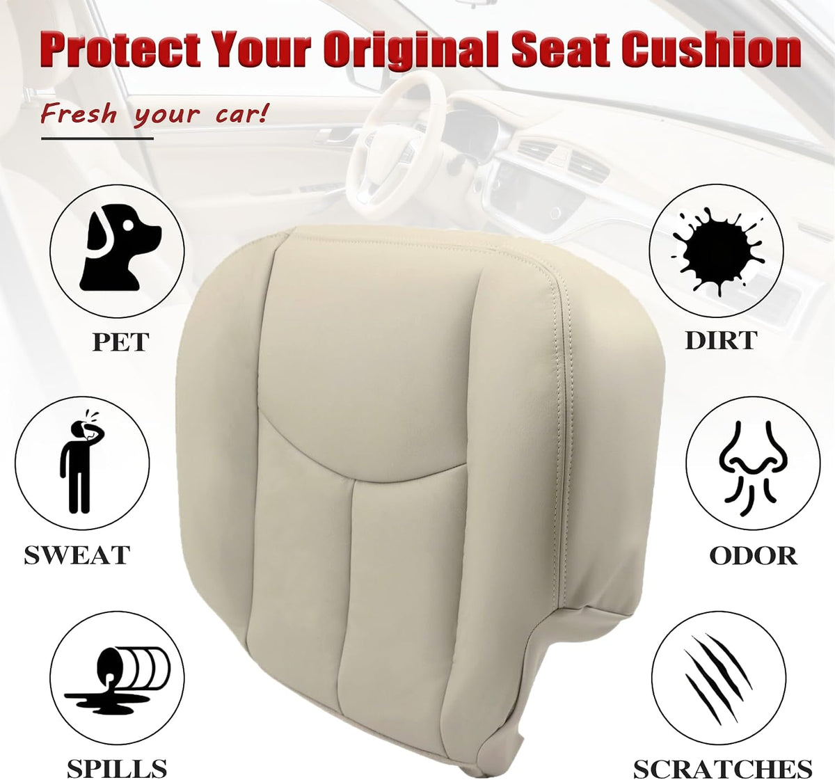 NLQR #522 Light Tan Front Driver Bottom Replacement Seat Cover Microfiber Leather Compatible with Chevy Avalanche Tahoe Suburban GMC Yukon XL 2003 2004 2005 2006