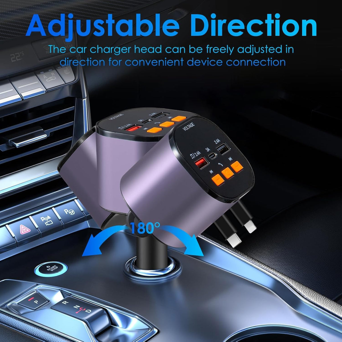 Retractable Car Charger,5 in 1 Fast Cars Phone Charger 90W,Bluetooth 5.3 FM Transmitter Adapter,Handsfree Call,2 Retractable Cables and USB Chargers for iPhone17/16 15/14/13