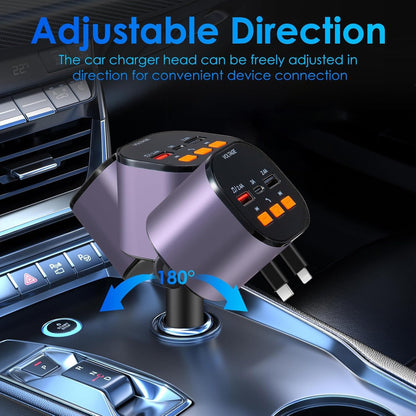 Retractable Car Charger,5 in 1 Fast Cars Phone Charger 90W,Bluetooth 5.3 FM Transmitter Adapter,Handsfree Call,2 Retractable Cables and USB Chargers for iPhone17/16 15/14/13