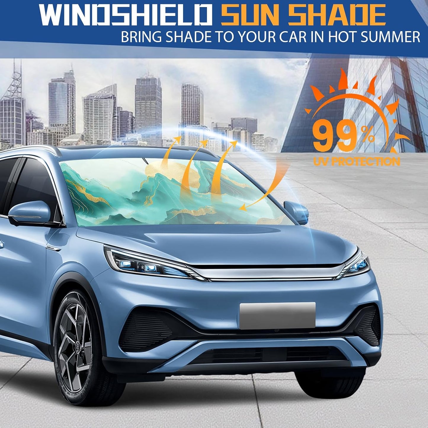 Fauson Car Windshield Sun Shade for Sedans, SUVs & Trucks Reflective UV Block Sunshade Visor Shield Foldable with Storage Bag Blocks Sun Heat to Keep Car Interior Cool, Front Window - L 57 x 32 W