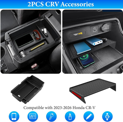 YPHUIKI 3PCS Center Console Organizer Compatible with Honda CRV 2023 2024 2025 2026 Accessories CR-V Hybrid Armrest Organizer Tray Hidden Storage Box ABS Material