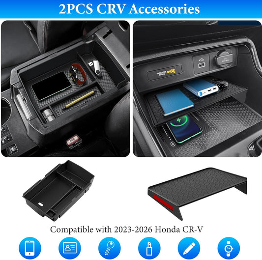 YPHUIKI 3PCS Center Console Organizer Compatible with Honda CRV 2023 2024 2025 2026 Accessories CR-V Hybrid Armrest Organizer Tray Hidden Storage Box ABS Material