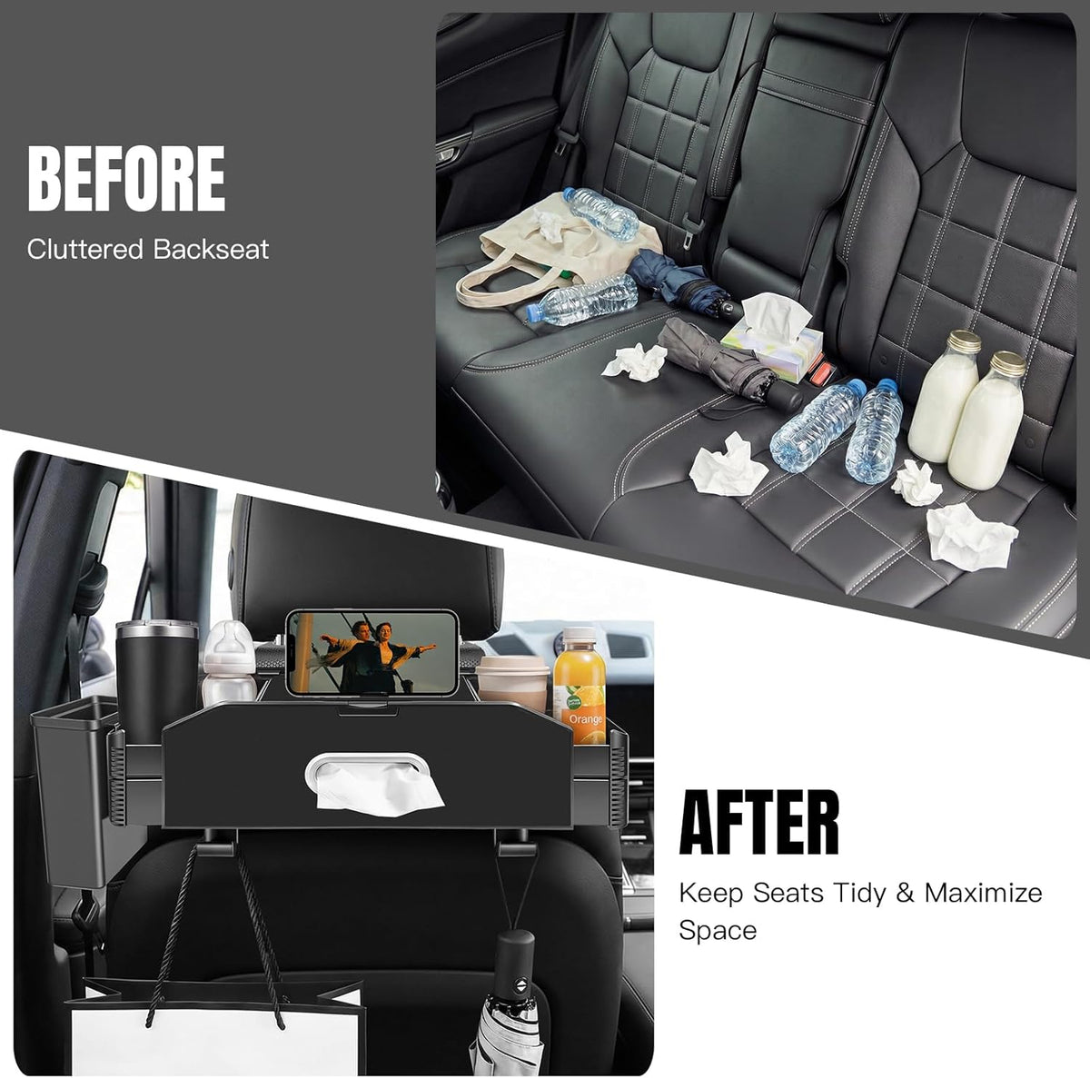 5-in-1 Back Seat Car Organizer and Storage with Extendable Cup Holder, Tissue Holder, Phone Holder, Hanging Hooks, Trash Bin, Back of Seat Car Headrest Organization Accessories for Women Man